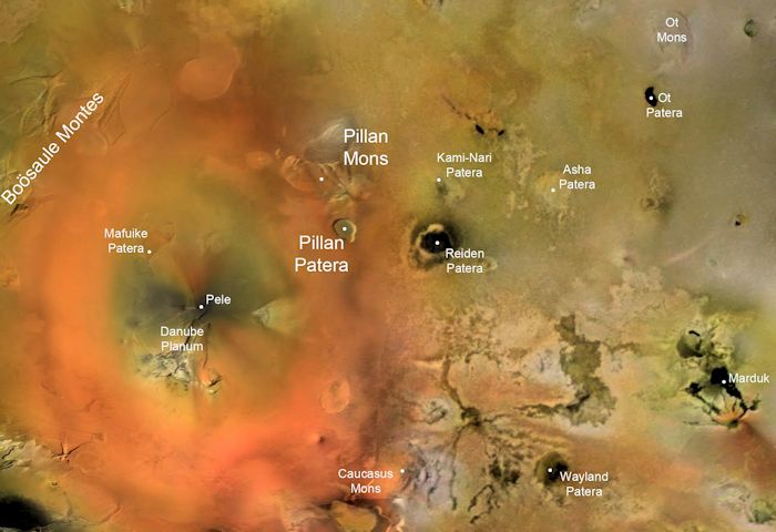 This image shows some of the volcanic features on Io, including the Pele volcano. It's surrounded by a ring of orange sulphur compounds that erupted and fell back to the surface. Image Credit: NASA/JPL