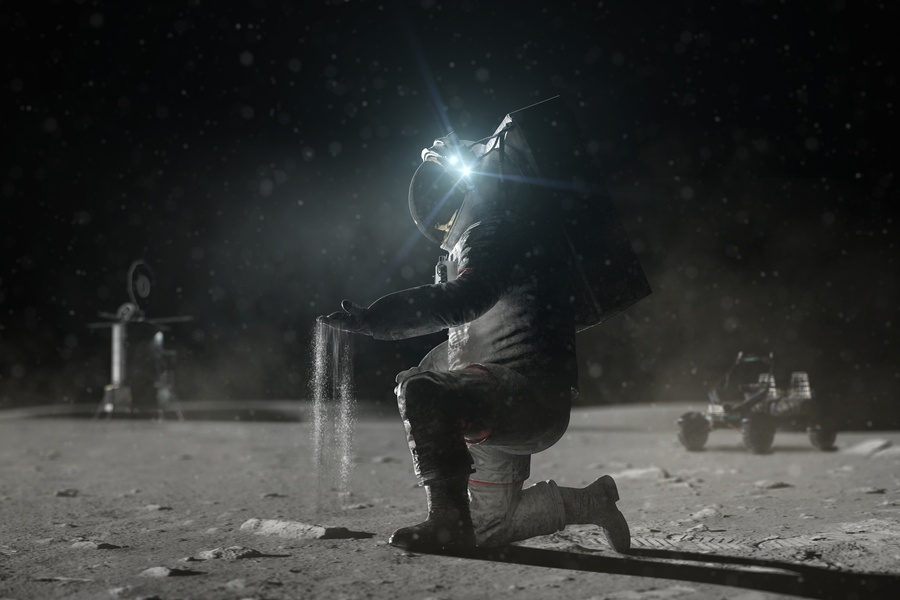 A future astronaut studies the lunar surface to understand space weathering of the Moon. Courtesy NASA.