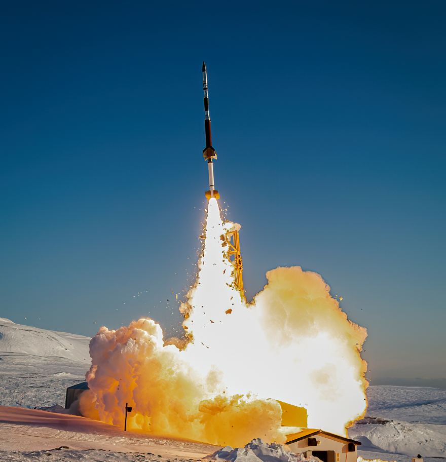 This image shows NASA's Endurance rocket launching from Ny-Ålesund, Svalbard, Norway. It flew for 19 minutes to an altitude of about 780 km (484 mi) above Earth's sunlit polar cap. It carried six science instruments and could only be launched in certain conditions to be successful. Image Credit: NASA/Brian Bonsteel.