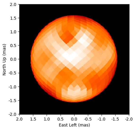 This CHARA Array false-colour image of Polaris from April 2021 reveals large bright and dark spots on the surface. Image Credit: Evans et al. 2024.