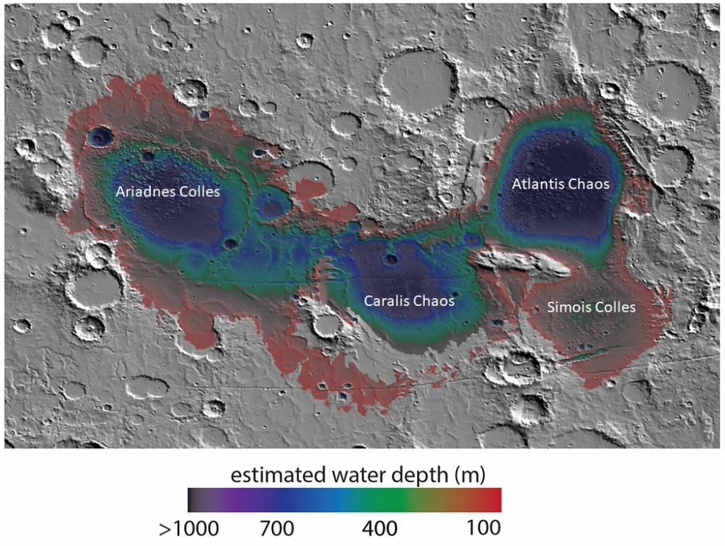 This image shows the extent and depth of ancient Lake Eridania. It also shows Sirenum Fossae, two large faults in the Martian surface. Image Credit: By Jim Secosky modified NASA image - https://photojournal.jpl.nasa.gov/figures/PIA22059_fig1.jpg, Public Domain, https://commons.wikimedia.org/w/index.php?curid=63330708