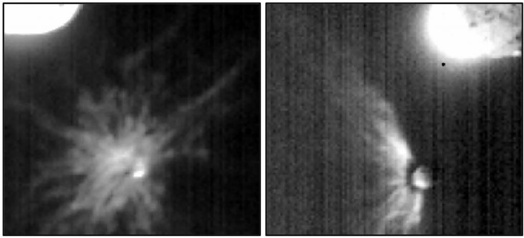 These images show the DART impact as seen by LICIACube. The left panel shows an approach observation 156?seconds after impact, with the ejecta in front of and partially obscuring Dimorphos. The right panel shows the ejecta morphology after close approach, 175?seconds after impact, with Dimorphos silhouetted against the ejecta cone. Image Credit: Cheng et al. 2023. CC BY 4.0 