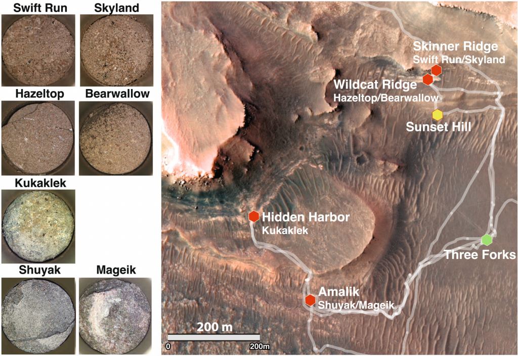 This image from the research paper shows rock cores acquired during the Fan Front Campaign. CacheCam images of the cores in their containment tubes are on the left. Red symbols on the High Resolution Imaging Experiment (HiRISE) map on the right show the locations of sampled outcrops and corresponding cores. Image credit: Bosak et al. 2024