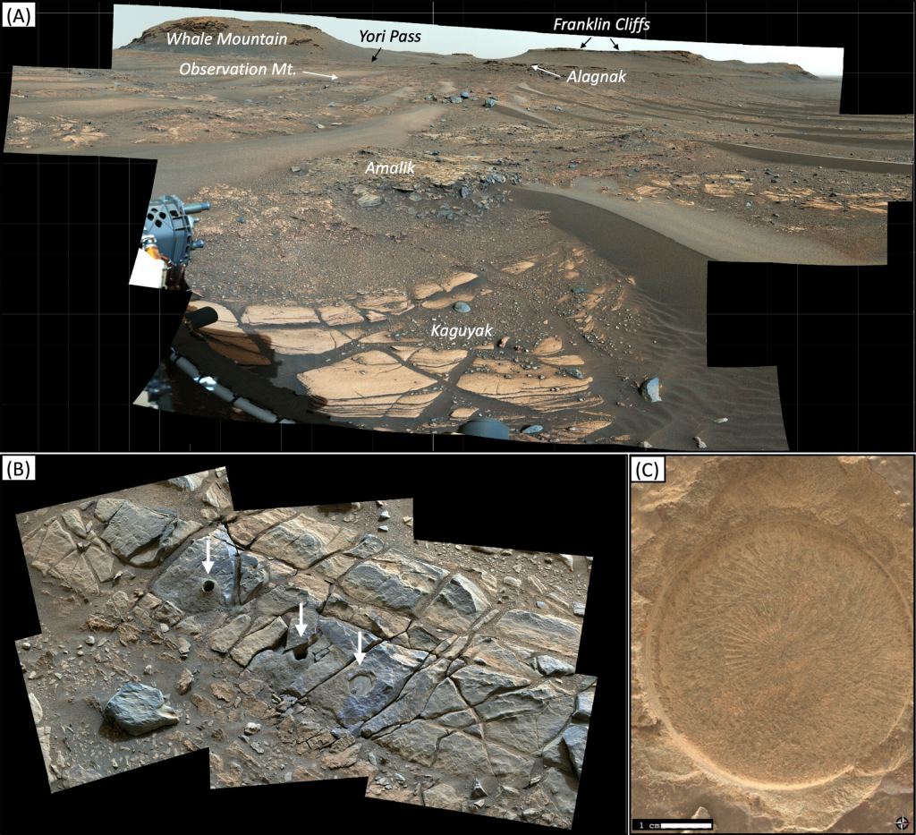 (A) shows the local context of the Amalik outcrop, where two samples were taken. (B) shows the workspace after sampling and abrasion. The white arrow on the left shows where the Mageik sample was taken. The center arrow shows how the rock was fractured when the Shuyak core sample was taken. The arrow on the right shows the Novarupta abrasion. (C) is a close-up of the abrasion area. Image credit: Bosak et al. 2024.