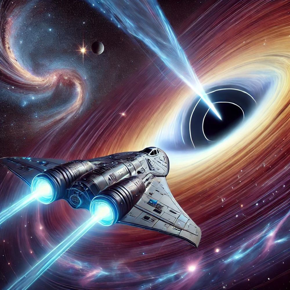 Dall-E image of a ship with warp drive entering a black hole. Courtesy Fraser Cain.