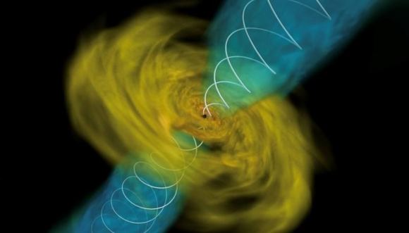 A simulation of two dense neutron stars colliding. In some cases, a larger neutron star results; sometimes a black hole is created. Courtesy: A. Tchekhovskoy, R. Fernandez, D. Kasen