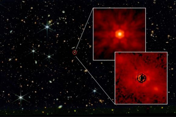 A James Webb Telescope image shows the J0148 quasar circled in red. Two insets show, on top, the central supermassive black hole, and on bottom, the stellar emission from the host galaxy.