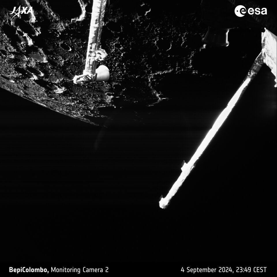 This image highlights Mercury’s rugged, featureless surface except for craters. BepiColombo’s MC2 captured this image from about 177 km above sea level. The camera was pointed at the horizon, so the actual surface is at a slightly greater distance. North is at the bottom left of this image. Image credit: ESA/BepiColombo/MTM CC BY-SA 3.0 IGO