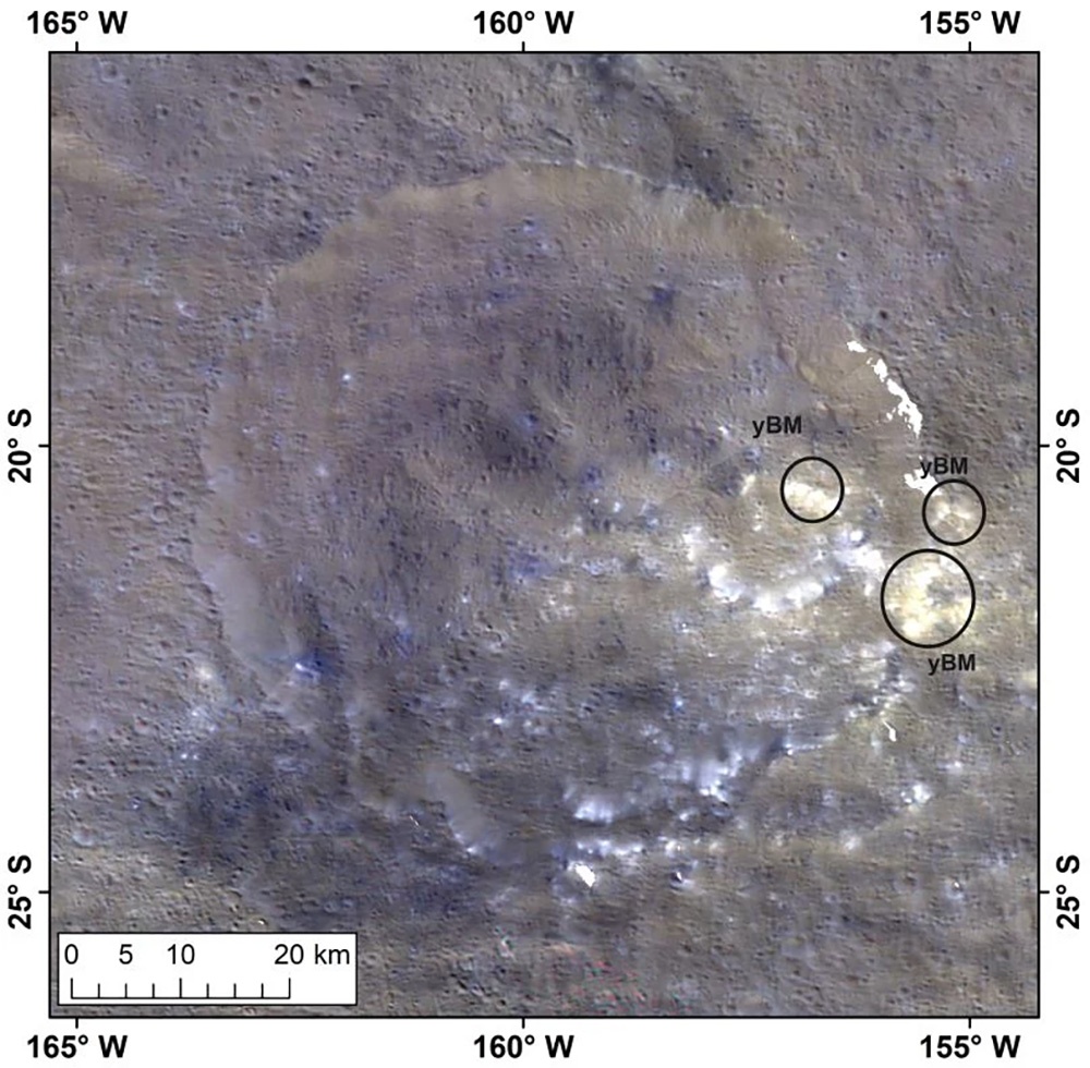 Yellowish-white material found near two craters on dwarf planet Ceres contain clues to this world's birthplace. Courtesy: MPS.