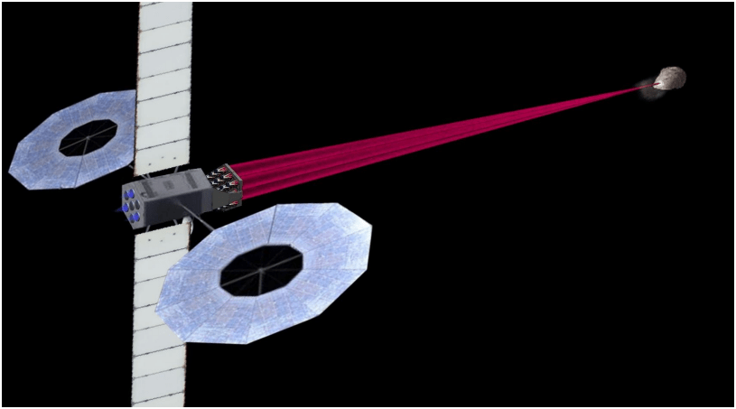 This artist's illustration shows DE-STARLITE firing its lasers at a hazardous object. Image Credit: Lubin et al. 2016. 