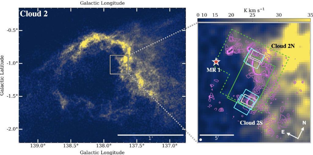 This image from the research shows HI (neutral atomic hydrogen) near Digel Cloud 2. The MR1 star is labelled in the image. Its powerful UV radiation is likely responsible for carving some of the nebular cliffs and pillars. Image Credit: Izumi et al. 2024.