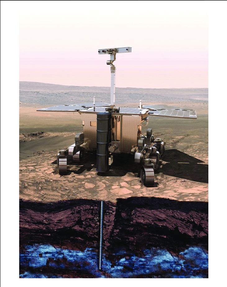 The Rosalind Franklin Rover will map the subsurface, looking for desirable drilling sites. It can drill down as deep as two meters and collect samples. Image Credit: ESA