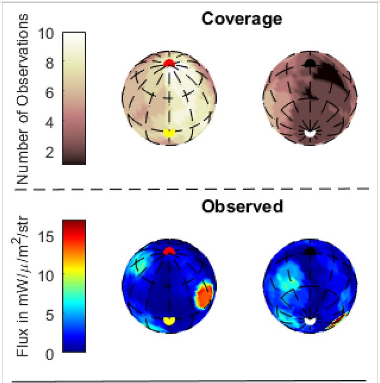 This figure's perspective shows the sub-Jovian, north-polar view of Io in the left column and the anti-Jovian, south-polar view of Io in the right column. The topmost row shows the coverage map achieved for JIRAM during this study. The second row is a global map of volcanic flux. The hot spot in the north polar region is clear. Image Credit: Pettine et al. 2024.