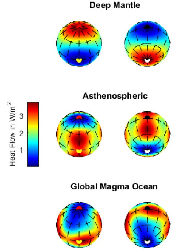 This figure shows what Io's surface heat flux should look like for three different interior models. Image Credit: Pettine et al. 2024. 