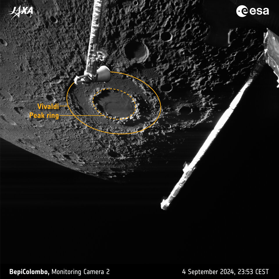 This image shows Mercury's 213 km Vivaldi crater. The two masts are the Mercury Planetary Orbiter's medium gain antenna (top center) and the magnetometer mast (right). Image credit: ESA/BepiColombo/MTM CC BY-SA 3.0 IGO