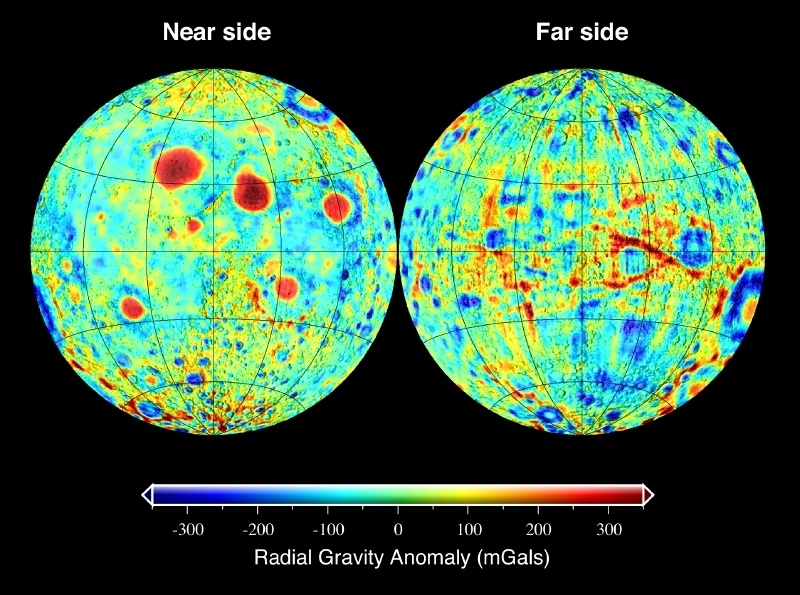 These maps show the gravitational anomalies at the surface of the Moon. Some of the gravity anomalies are clearly associated with large impact basins. On Mars, the anomalies have no corresponding surface features. Image Credit: By Mark A. Wieczorek - Own work, CC BY 2.5, https://commons.wikimedia.org/w/index.php?curid=1381260