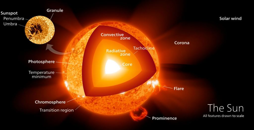 This image shows the Sun's layers in false colour for clarity. Solar prominences are precursors to CMEs, though not all prominences escape the corona to become CMEs. Image Credit: By Kelvinsong - Own work, CC BY-SA 3.0, https://commons.wikimedia.org/w/index.php?curid=23371669