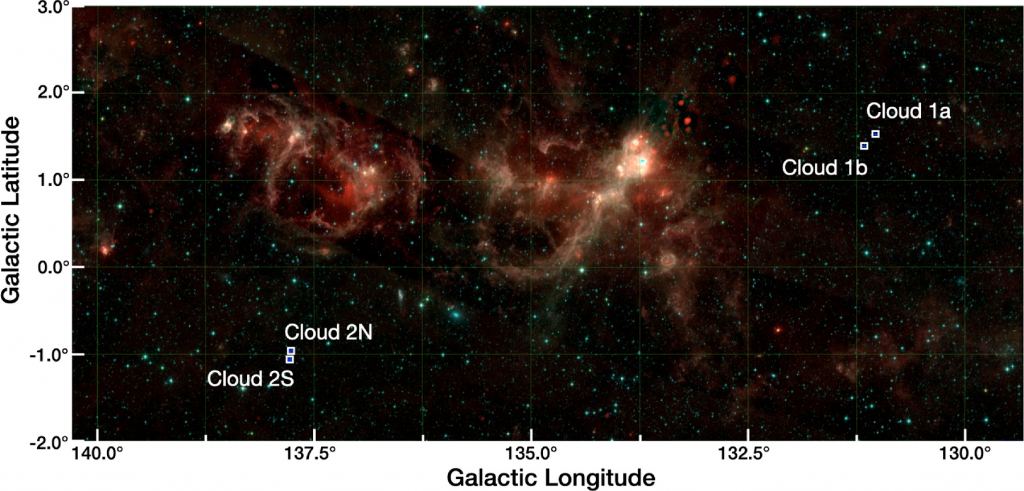 This image from the research gives the overall context of the Digel Clouds in galactic coordinates. Star formation in Cloud 2N was likely triggered by a nearby huge supernova remnant, according to the authors. Izumi et al. 2024.