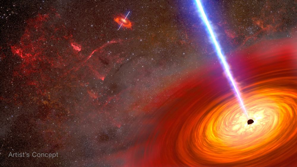 An artist's concept of what two merging supermassive black holes might look like. Each one is surrounded by an accretion disk of hot gas and material streaming away via jets. CourtesyNASA, ESA, Joseph Olmsted (STScI)