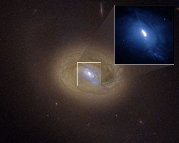 HST's image of the galaxy MCG-03-34-064 in visible light. Two of the three bright spots at the core are active galactic nuclei sources of light and X- ray emissions. They indicate two supermassive black holes about 300 light-years apart and growing closer. Image credit: NASA, ESA, Anna Trindade Falcão (CfA)