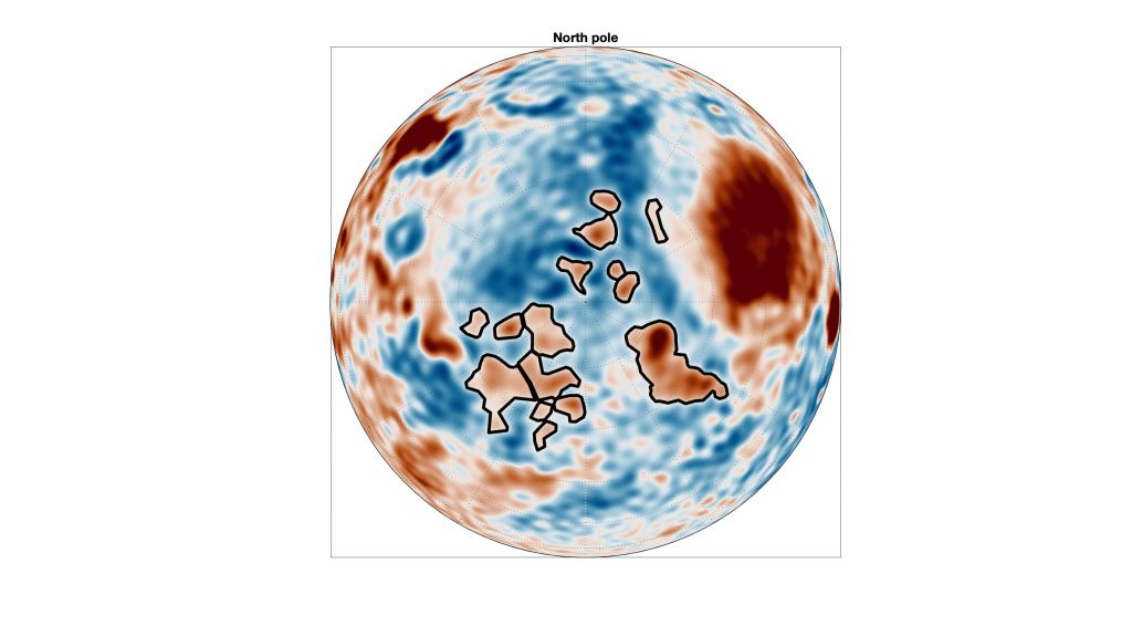 This map from the study highlights the dense gravitational structures in the northern hemisphere. The regions marked with black lines are high-mass anomalies that do not show any correlation with geology and topography. These hidden subsurface structures are covered by sediments from an old ocean, and their origin is still a mystery. Credit: Root et al.