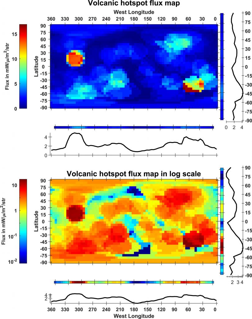 These global volcanic flux maps show the average flux in milliwatts per square meter. The top is on a linear scale, while the bottom is on a logarithmic colour scale. The coloured bars and the line plots beside each map show the average flux projected horizontally (to the right of each map) and the average flux projected vertically (below each map) to show trends in flux by latitude and longitude. Image Credit: Pettine et al. 2024.