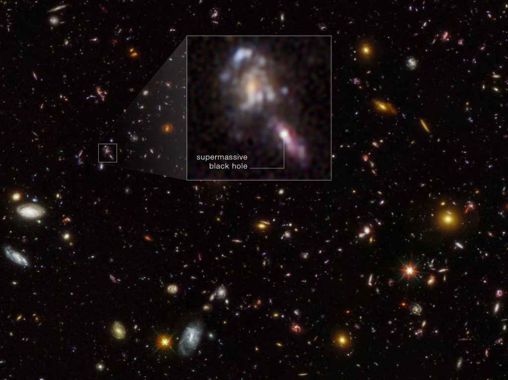 The Hubble Ultra Deep Field with annotation showing the location of a supermassive black hole. Image Credit: Hayes et al. 2024.