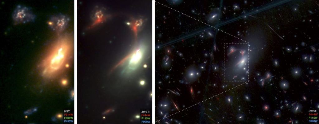 False colour images of the Question Mark Pair and MACS J0417.5?1154 (right-hand panel). The left two panels are zoom-in images of four of the multiply lensed images of the Question Mark Pair taken with HST and JWST. By comparing the JWST and HST images, we see how dusty the red edge-on galaxy is as it is barely visible in the HST/ACS imaging. Image Credit: Estrada-Carpenter et al. 2024. 