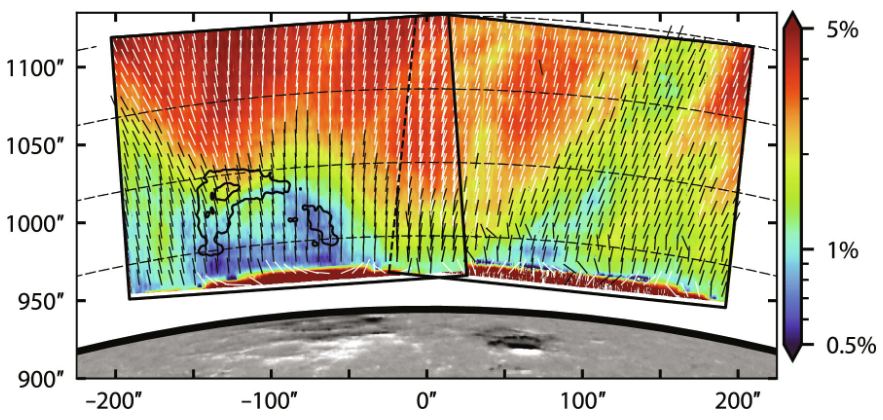 The overplotted lines in this figure from the research show the direction of linear polarization in the Sun's corona. The scale on the right shows the percentage of polarized amplitudes of the magnetic lines. Image Credit: Schad et al. 2024. 