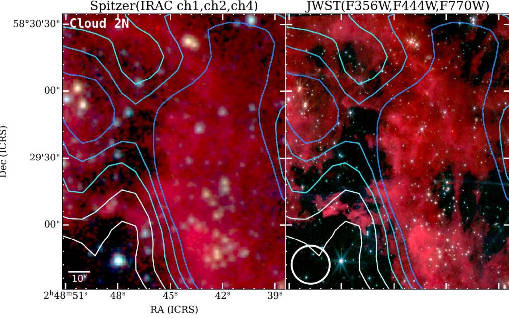 These images of the nebular structures in Cloud 2N show the JWST's power to resolve detail compared to the Spitzer IR telescope. The features in the structures are similar to ones found in star-forming regions closer to home. Image Credit: Izumi et al. 2024.