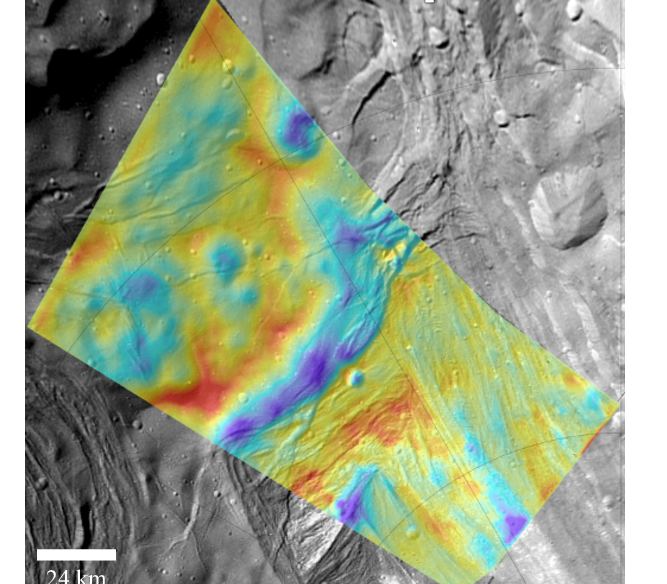 A digital elevation model (DEM) of Miranda's Inverness Coronae. The relative elevation ranges from 0 km (purple) to 4 km (red). Image Credit: Beddingfield et al. 2022.