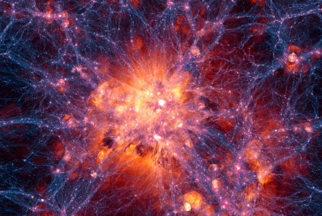 A computer model of the large-scale structure of the universe using the Illustris simulator. This image depicts the dark matter and gas involved in forming galaxies and galaxy clusters, as well as the filaments connecting them. Image Credit: Illustris TNG