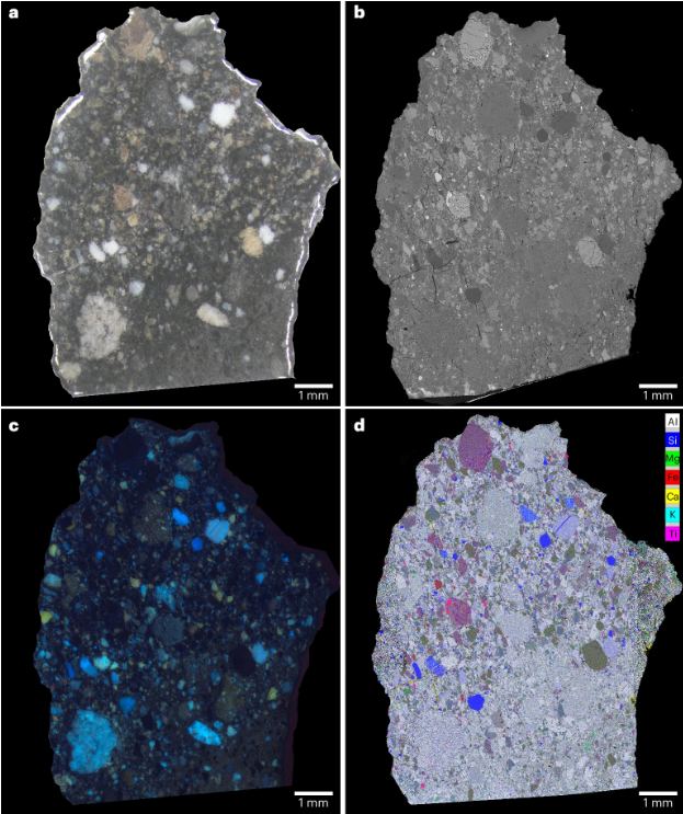 This image from the research shows a section of NWA 2995 in four different views. a is an optical scan, b is a back-scattered electron image from an electron microscope, c is a cathodoluminescence image that highlights certain minerals, and d is a composite false colour element map. The colours represent silica (blue), aluminum (white), magnesium (green), iron (red), titanium (pink), potassium (cyan) and calcium (yellow). Image Credit: Joy et al. 2024. 