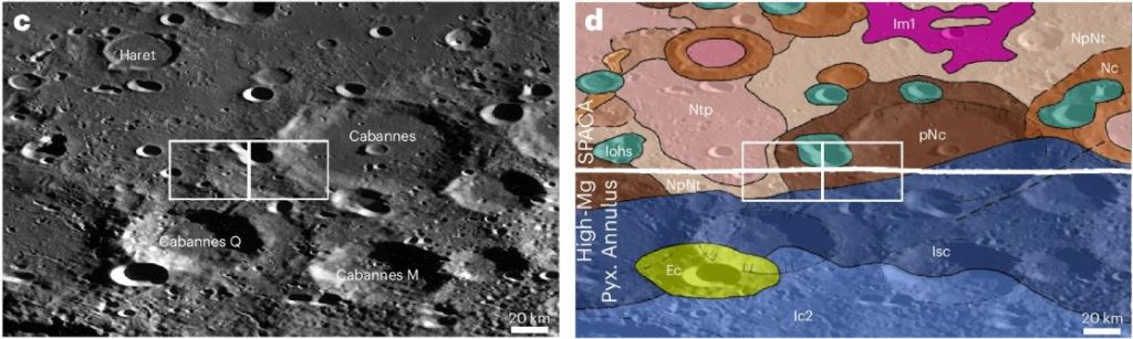 c is from a unified geological map of the Moon, and d shows stratigraphic units by age. Image Credit: Joy et al. 2024.