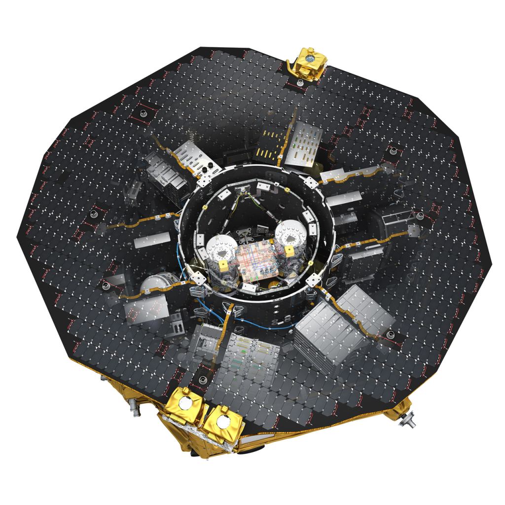 This image shows the interior layout of LISA Pathfinder's science module. The test masses are visible in the centre of the image. Image Credit: ESA/ATG medialab. LICENCE: ESA Standard Licence