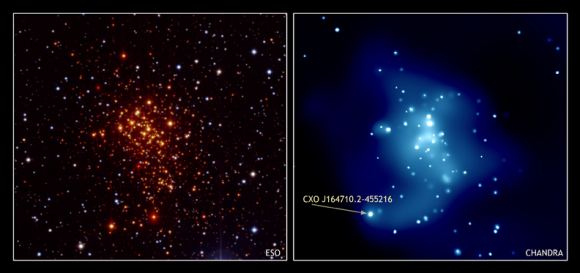 Westerlund 1 in visible and x-ray light. Arrows point to a magnetar discovered in this super star cluster. Courtesy NASA/CXC/UCLA/M.Muno et al