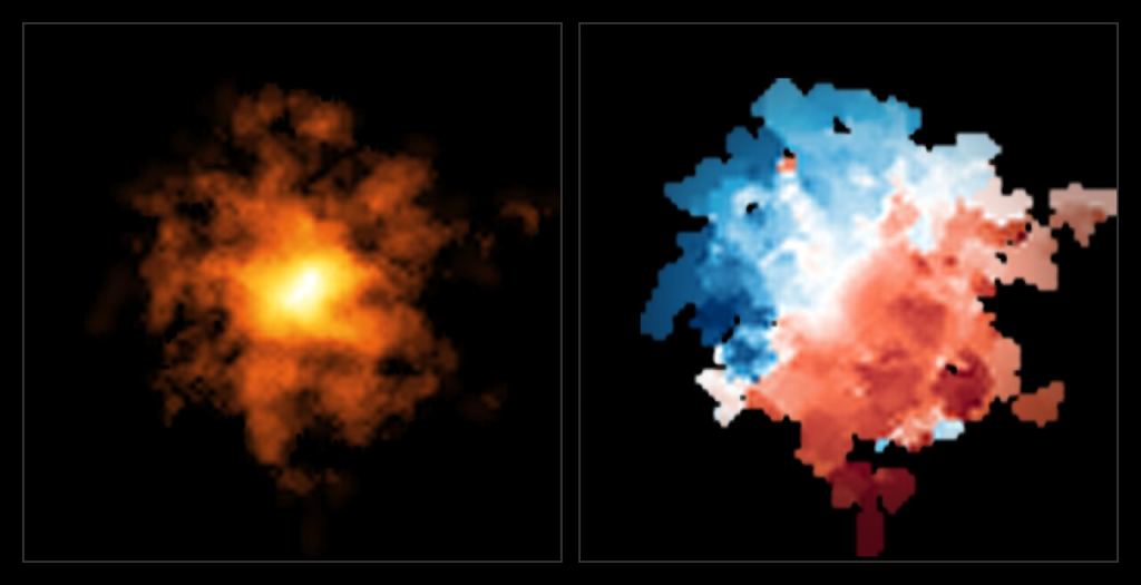 Data from ALMA created an image of REBELS-25 (left) and a map of the movement of gas within this galaxy. Blue color indicates movement towards the Earth, red indicates movement away from the Earth, and darker shades represent faster movement. In this case, the red and blue splits in the image clearly indicate that the object is rotating, making REBELS-25 the most distant rotating disk galaxy ever discovered. Provided by: ESO. 