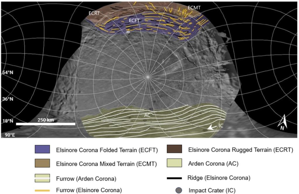 This figure from the study shows some of Miranda's surface features. The moon is known for its coronae features, two of which are labelled here. Image Credit: Strom et al. 2024. 