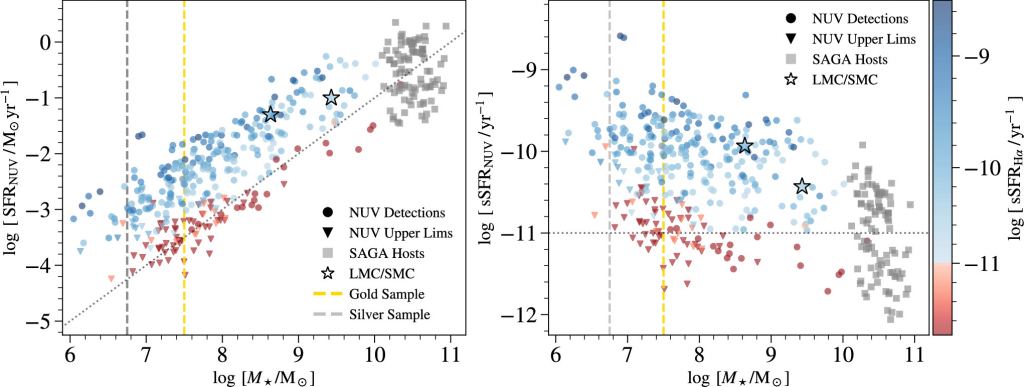 This figure from the research shows the SFR (left) and the specific SFR (right) for the satellite galaxies in the study. The specific SFR differs from the SFR in that it's divided by the total stellar mass of the galaxy. The specific SFR basically tells astronomers how quickly the galaxy is growing relative to its size. The grey squares the SAGA hosts and the stars are the Large and Small Magellanic Clouds. Image Credit: Geha et al. 2024. 