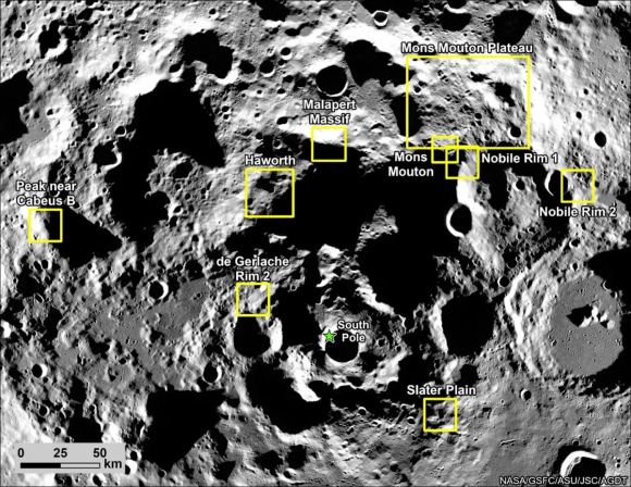 This image shows nine candidate landing regions for NASA’s Artemis III mission, with each region containing multiple potential sites for the first crewed landing on the Moon in more than 50 years. The background image of the lunar South Pole terrain within the nine regions is a mosaic of LRO (Lunar Reconnaissance Orbiter) WAC (Wide Angle Camera) images.
Credit: NASA