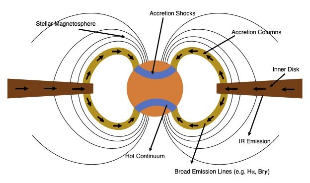 This schematic shows how magnetospheric accretion works on T-Tauri stars. Image Credit: Adapted from Hartmann et al. (2016).