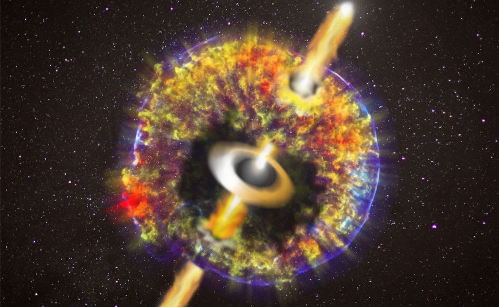 This artist's illustration shows a neutron star collision that, in addition to the radioactive fire cloud, leaves behind a black hole and jets of fast-moving material from its poles. Illustration: O.S. SALAFIA, G. GHIRLANDA, CXC/NASA, GSFC, B. WILLIAMS ET AL