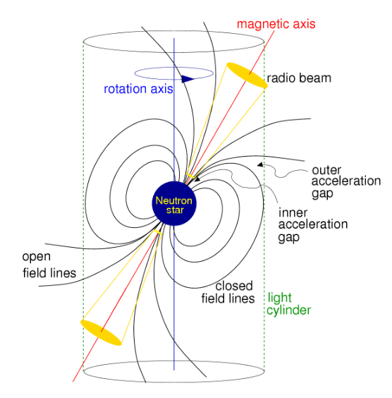 This figure shows how a standard pulsar emits radio emissions. Electrons and positrons are accelerated through one of the gaps in the magnetosphere. They stream along the open magnetic field lines and emit coherent radio emissions from the poles. Image Credit: National Radio Astronomy Observatory. 