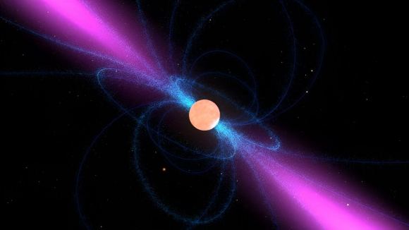 Illustration of a pulsar with powerful magnetic fields. They funnel particles to space and their twisting characteristics help to slow down a pulsar's spin. That spin can be accelerated by the effect of dark matter distribution. Credit: NASA's Goddard Flight Center/Walt Feimer