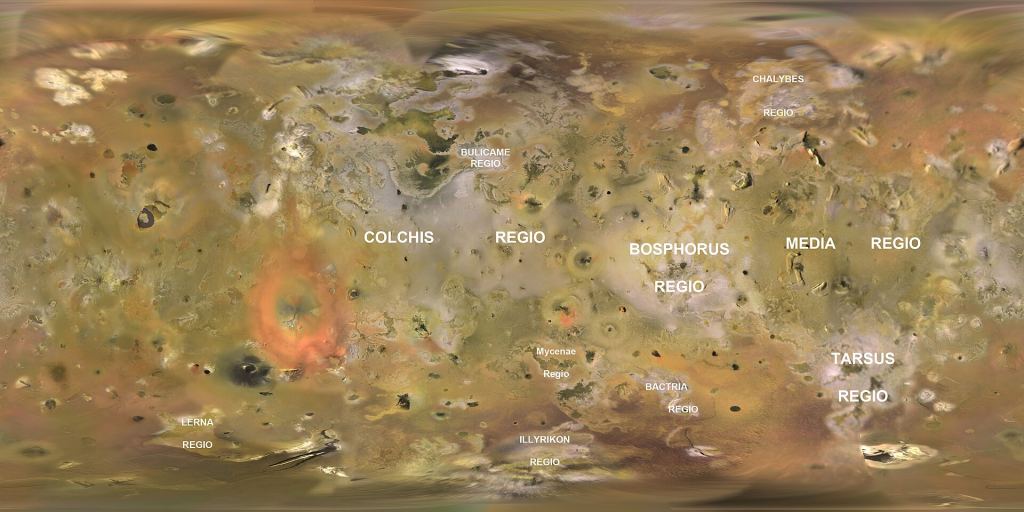 A map of Io with prominent features labelled. The new hot spot is roughly in the vicinity of Lerna Regio. Image Credit: By NASA/JPL/USGS/Jason Perry - https://astrogeology.usgs.gov/Projects/JupiterSatellites/io.html, Public Domain, https://commons.wikimedia.org/w/index.php?curid=9096280