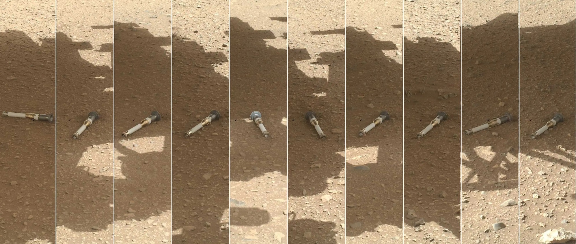 Photomontage of 10 sample capsules sitting on Mars surface