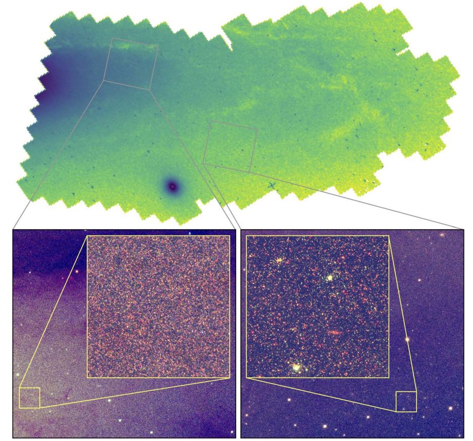 This figure from the research shows how the stellar density varies between regions in Andromeda. The zoom-in panels highlight the rich detail available at full HST resolution. Image Credit: Chen et al. 2025.