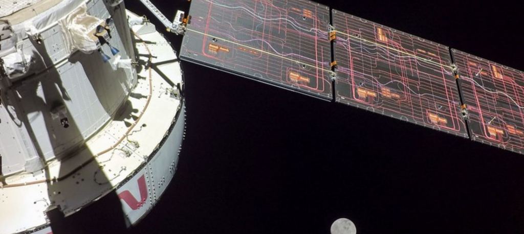 On Flight Day 9, NASA’s Orion spacecraft captured imagery looking back at the Earth from a camera mounted on one of its solar arrays. Image Credit: NASA