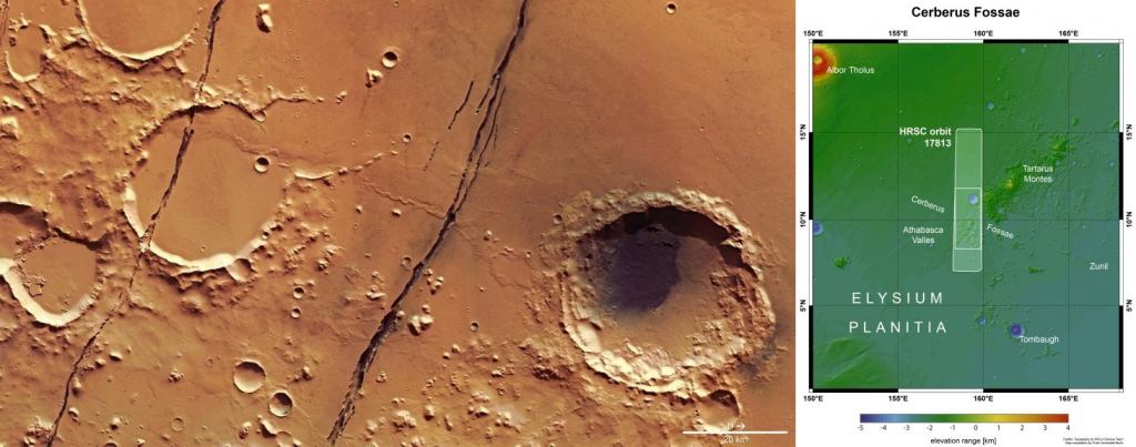 The image on the left is a vertical plan view of Cerberus Fossae. The pair of trenches are very young and formed from volcanic activity only a few million years ago. Image Credit: ESA/DLR/FU Berlin, CC BY-SA 3.0 IGO. The image on the right shows Cerberus Fossae in context. Image Credit: NASA MGS MOLA Science Team