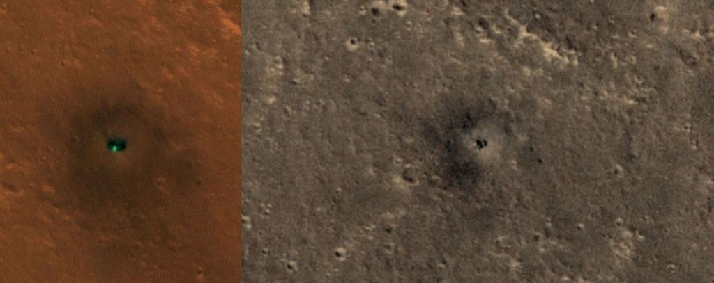 These HiRISE images from MRO show the InSight lander after it landed with obvious rocket blast marks (L). The blast marks are becoming obscured in the image on the right, taken in 2022. Image Credit: NASA/JPL-Caltech/UArizona